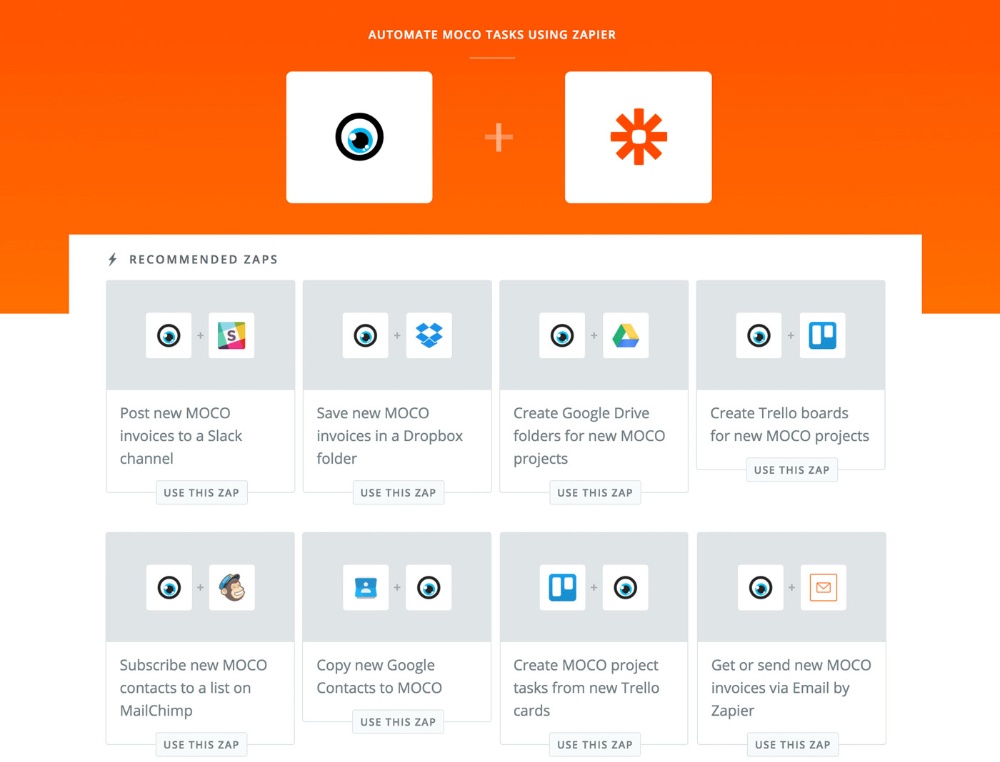 Über Zapier kann MOCO mit diversen anderen Tools zusammenarbeiten Über Zapier kann MOCO mit diversen anderen Tools zusammenarbeiten