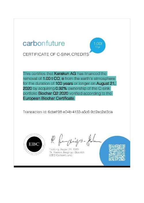 Certificate about financing a char sink for CO2 removal by Karakun